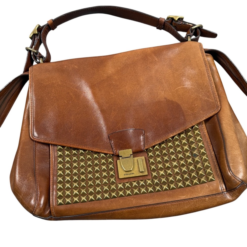 Coach Studded Leather Shoulder Bag Womens Large Brown Brass Satchel 26411 - Picture 2 of 14